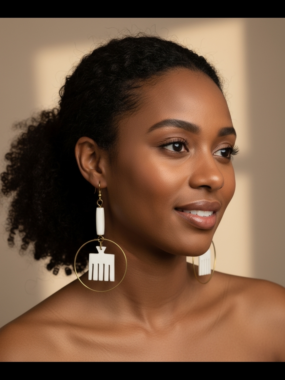 Gold Hoop Earrings with White Geometric Pendant - Women Jewelry